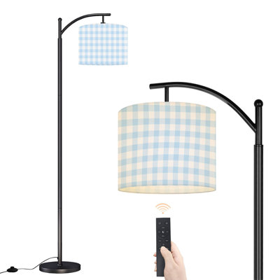 Arc Floor Lamp Light Blue Gingham Checkered Floor Lamps with Remote LED Lights Adjustable Lamp Shades Tall Standing Lamps for Reading Office Living Room