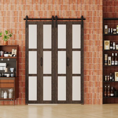 Porte de grange pliante en verre givré à 3 panneaux - Gris clair, grain de bois rayé, sans finition, quincaillerie incluse, assemblage requis
