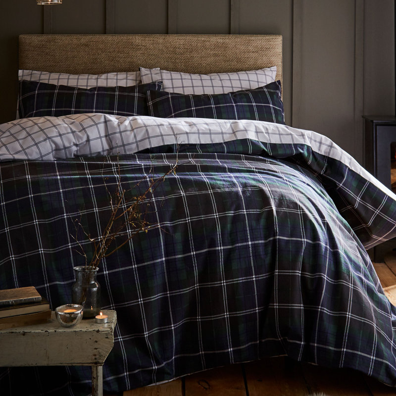 Brushed Cotton Tartan Check Duvet Cover Set, King Duvet Cover + 2 Pillowcases, Navy
