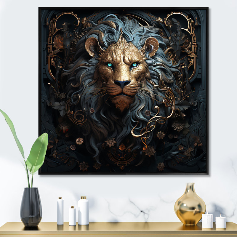 Majestic lion II - Lion, art mural, H 36 po x l 36 po x P 1,5 po, Cadre flottant noir