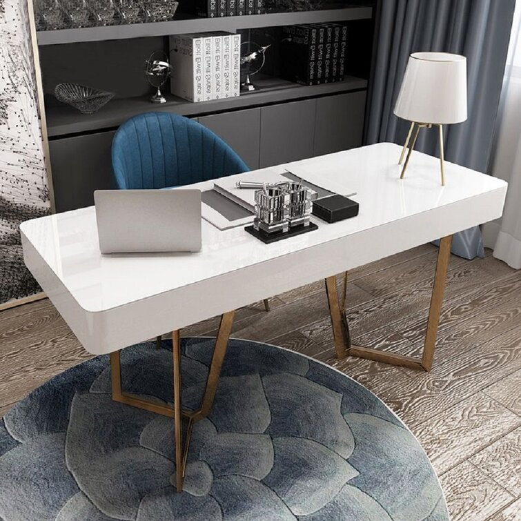 Everly Quinn 41 in Computer Desk With Two Drawers, White and Gold Modern  Study Writing Desk & Reviews