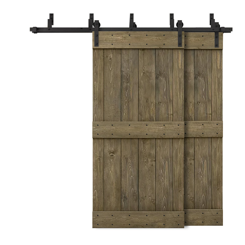 Porte de grange double à panneaux en bois teinté à panneau Mid-Bar, 40 po x 84 po, Tonneau vieilli