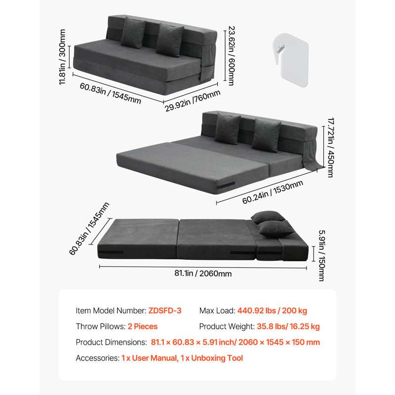 Boneless Folding Sofa Bed 3-in-1 Foldable Couch Bed with 2 Pillows Dark Grey Queen