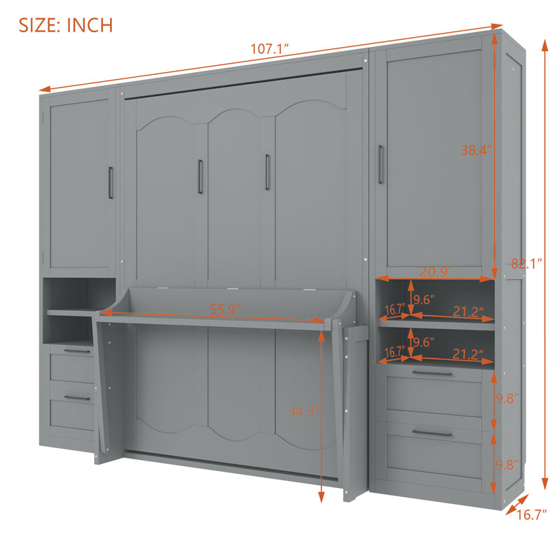 4 Drawers Murphy Bed With Wardrobe And Shelves, Gray