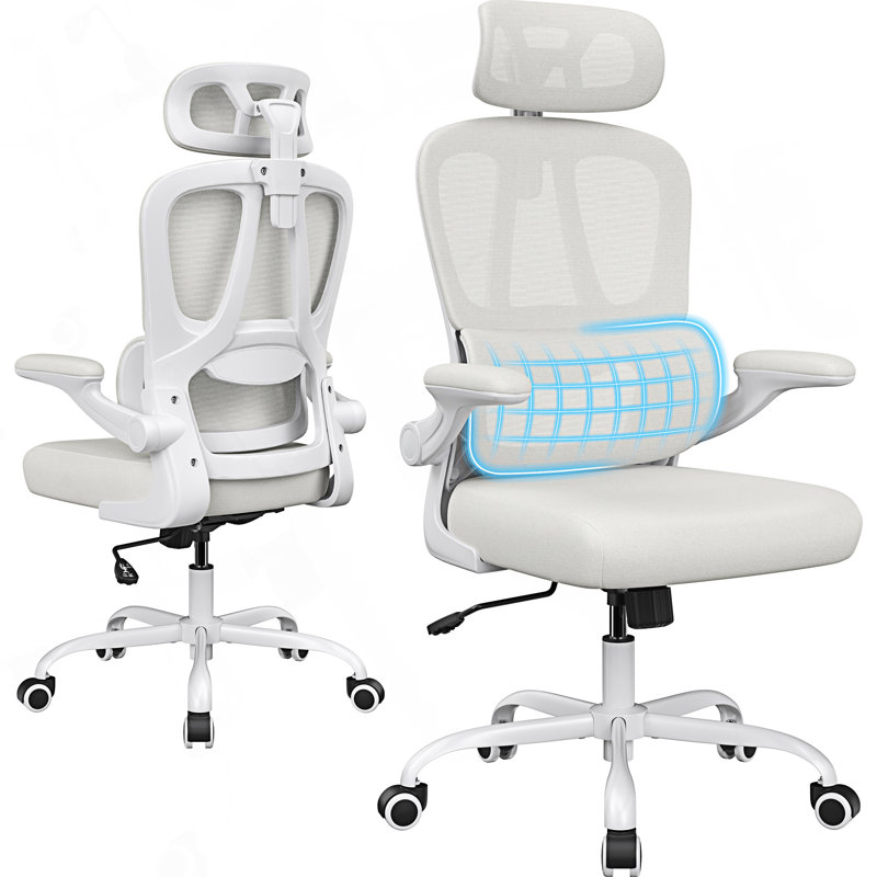 Chaise de bureau ergonomique, chaise de bureau avec appui-tête et soutien lombaire, Beige, Blanc