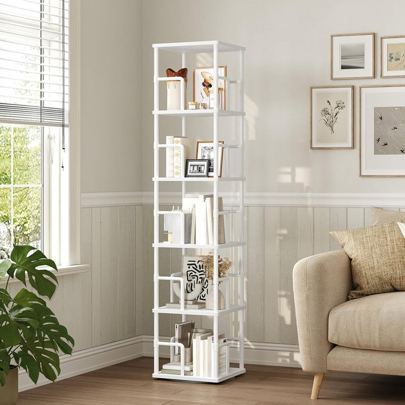 Bibliothèque de coin pivotante à 360 ° autoportante - Support de rangement de style industriel avec rampes, idéal pour les salons, les chambres à coucher ou les bureaux, blanc