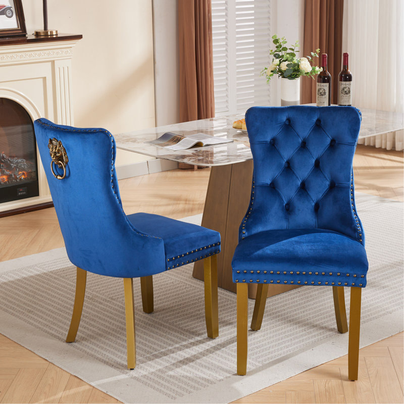 Mid-Century Modern Chairs With Lion Head Pull Ring,High-End Tufted Solid Wood Contemporary Velvet Upholstered Dining Chair With Golden Wooden Legs Nailhead Trim 2-Pcs Set,Blue