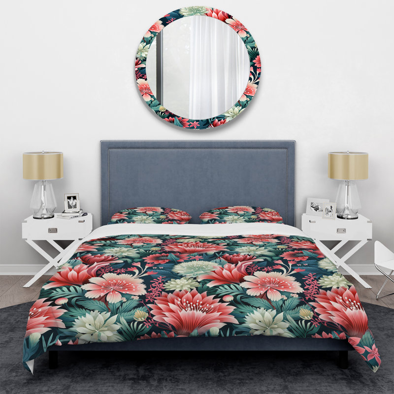Ensemble de housse de couette rose et vert vibrant Coral Haven - Floral, Housse de couette pour très grand lit et 2 très
