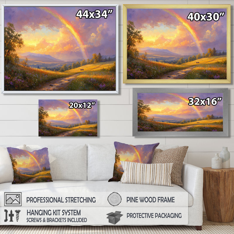 Paysage arc-en-ciel au-dessus du verger III - art mural arc-en-ciel, H 34 po x l 44 po, Cadre flottant noir