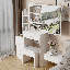 Petite coiffeuse 29,2 po avec tabouret de chevet gauche + tabouret rembourré, très grand miroir coulissant à droite, rangement multi-couches à grande capacité, commode pratique et pratique, convient aux petits espaces