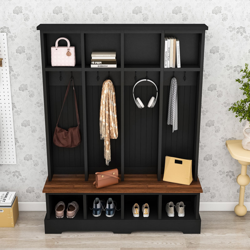 3-in-1 Hall Tree with 8 Hooks, Storage Shelves and Bench, Black
