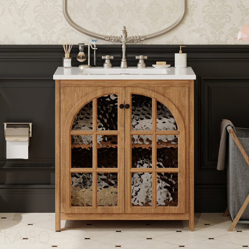 Meuble-lavabo 30 po en bois naturel rétro avec lavabo en céramique 30 po, Naturel antique