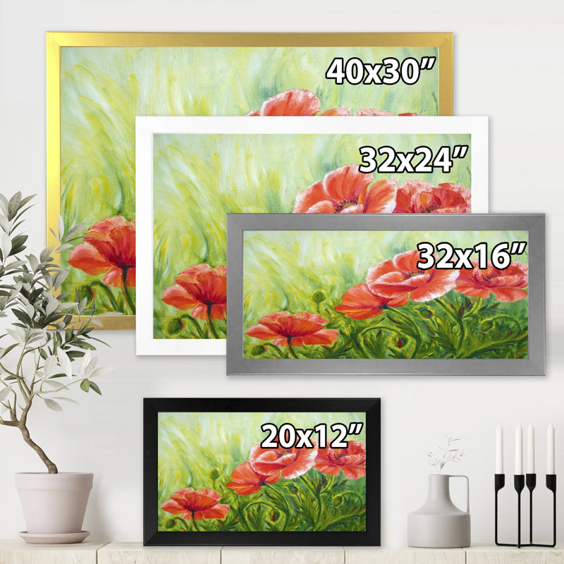 «Red Blossoming Poppies III», peinture sur toile, Toile encadrée noire, H 24 po x l 32 po x P 1,5 po