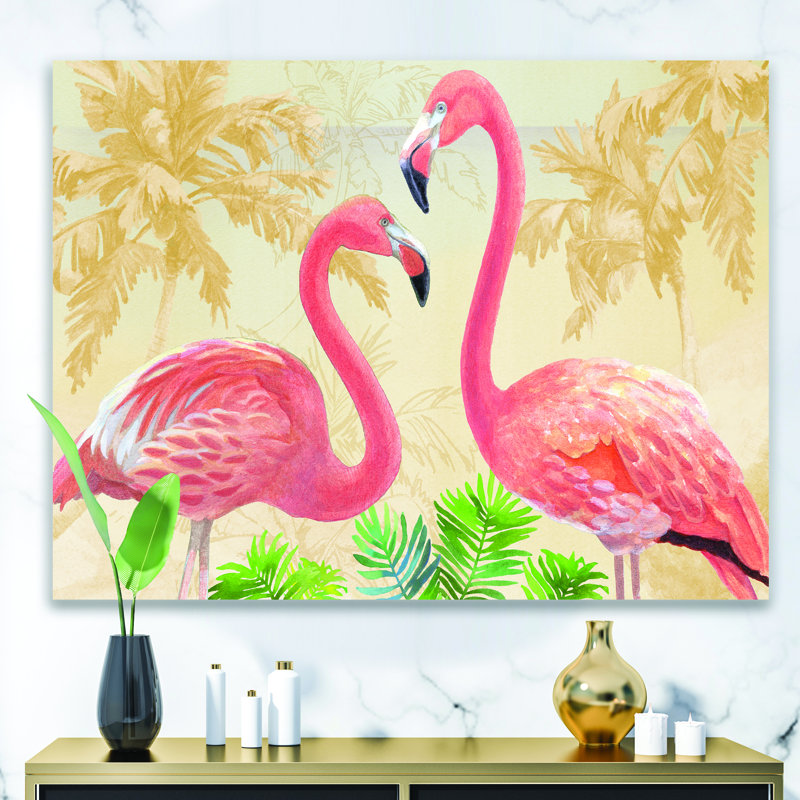 Flamants dorés dorés - reproduction d'art sur toile tendue, H 24 po x l 32 po x P 1 po