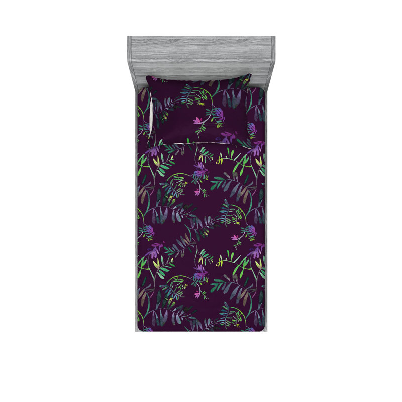 Drap-housse et taies décoratives 3 pièces Ambesonne, Prune et fuchsia / motif floral vert