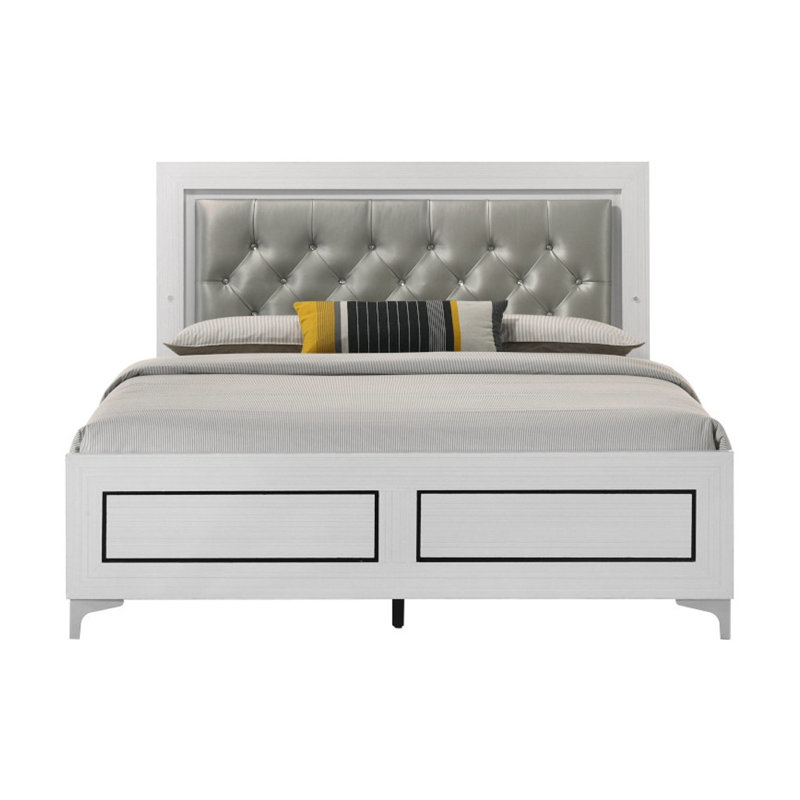Grand lit plateforme contemporain blanc avec tête de lit à lumière DEL - Structure de lit tapissier capitonnée en polyuréthane gris avec pieds chromés, aucun sommier requis
