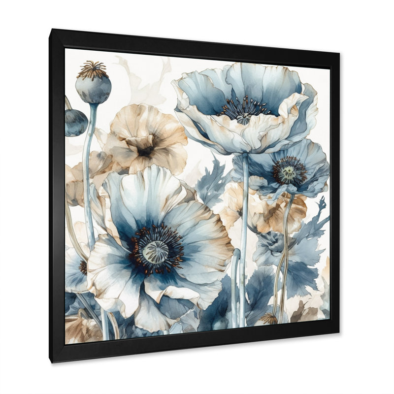«Vibrant Blue White Peony Flower II», reproduction sur toile encadrée, Cadre photo noir, H 16 po x l 16 po x P 1 po