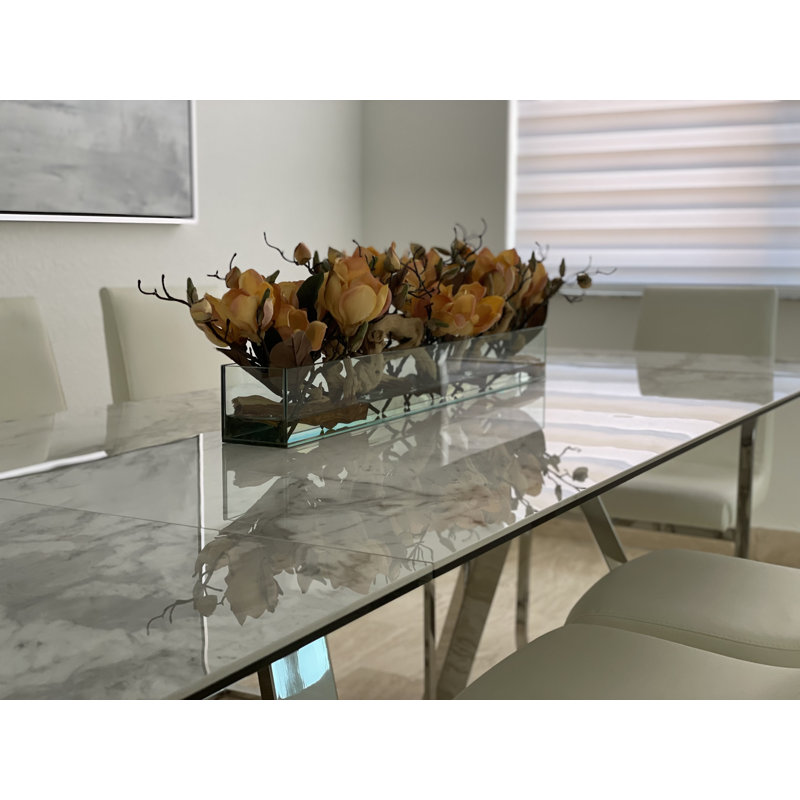 Glass Plate Magnolia Floral Arrangement And Centerpiece In Planter, Peach, 8" H x 36" W x 4" D