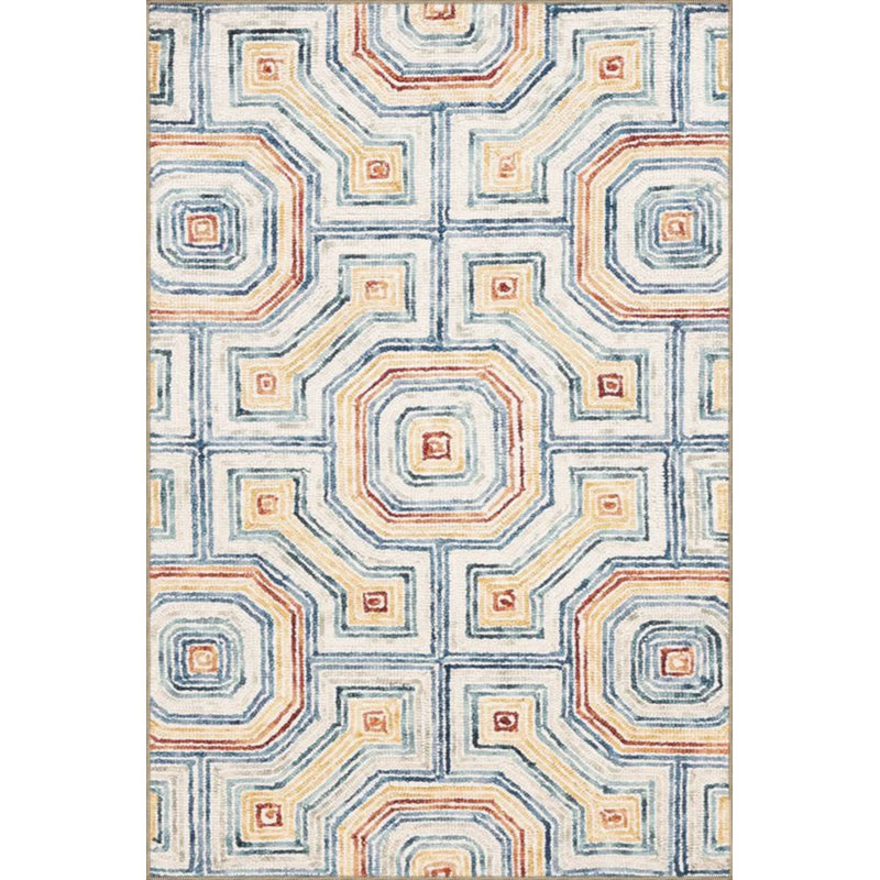Cream Geometric Checkered Floral Woven Base Washable Carpet, Runner 2'6" x 9'11"