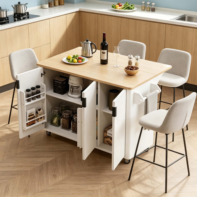 Fluted Cabinet Rolling Kitchen Island with Drop Leaf Top, Adjustable Interior Shelves & Convertible Feet Design, White