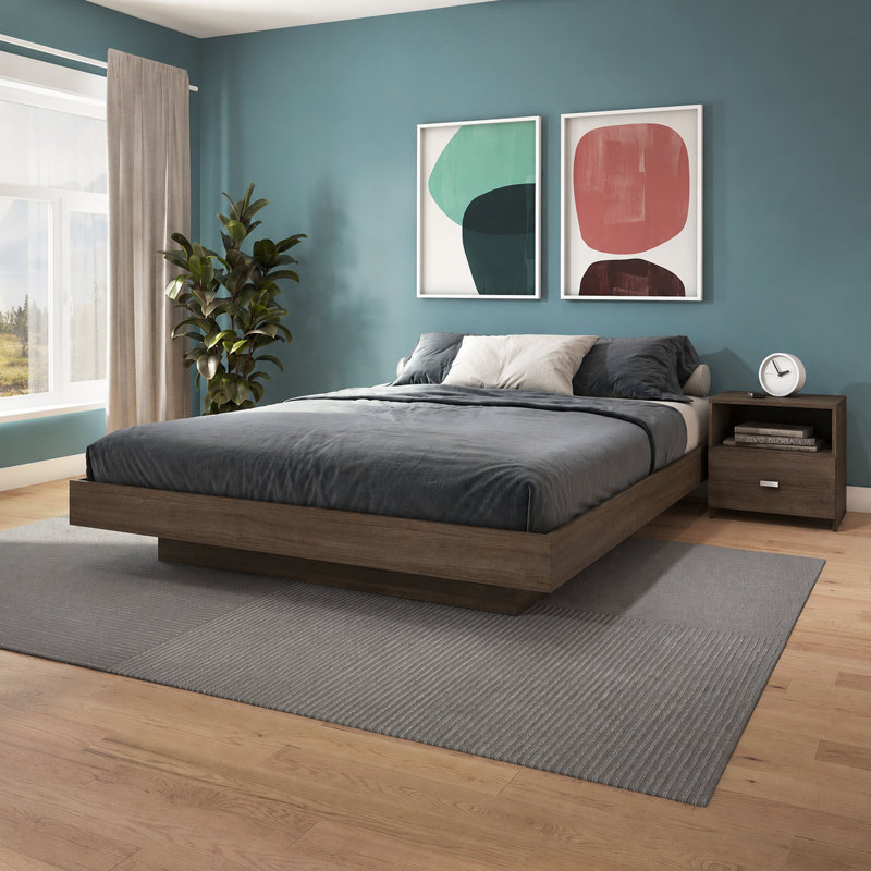 Chambre à coucher Zen KAPPA - Lit plateforme avec table de chevet (1) - Assemblage facile, aucun sommier requis, Noyer