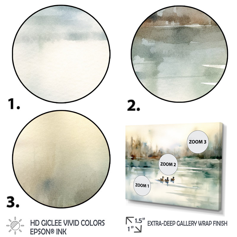 Ducks In Pond I On Canvas Print, Gold Framed, 12" H x 20" W x 1" D