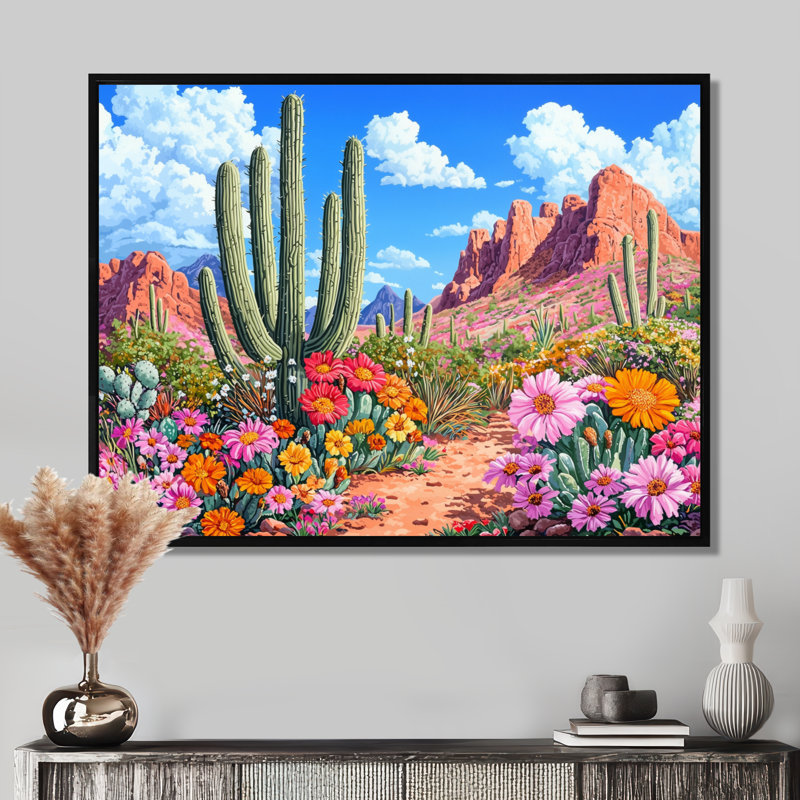 Désert fleuri en Arizona I - Arizona, art mural, H 24 po x l 32 po, Impression dans un cadre flottant sans passe-parto, Noir