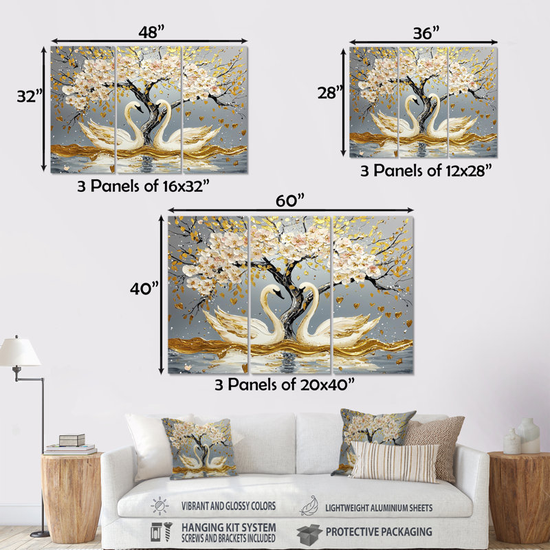 «Grey and Gold Swans Love Under Cherry Blossom II», ensemble de reproductions d'art mural cerisier en fleurs, Métal métal