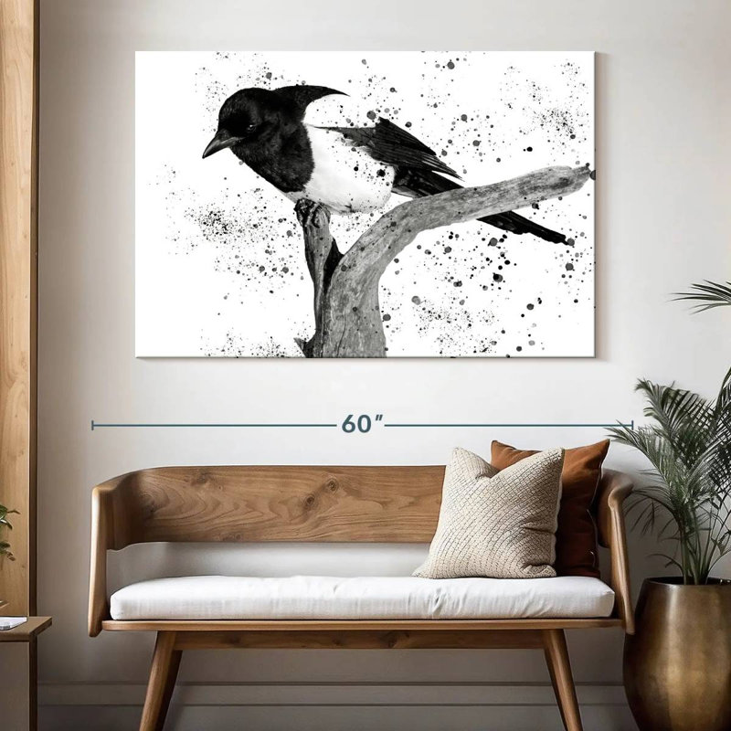 Oiseau noir et blanc Brampt, H 34 po x l 51 po