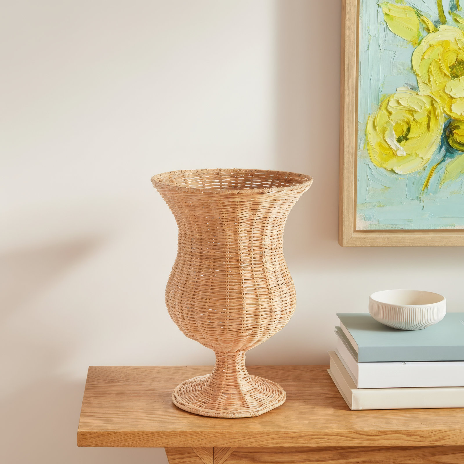 Classique Urn Lesles Rattan Woven Footed in Natural, 22" H x 15.5" W x 15.5" D