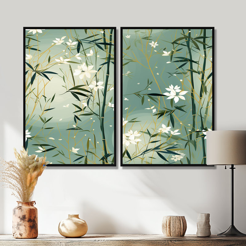 Bambou Zen Haven - Décoration murale orientale 2 pièces, Black, 36" H x 48" W, Impression encadrée flottante