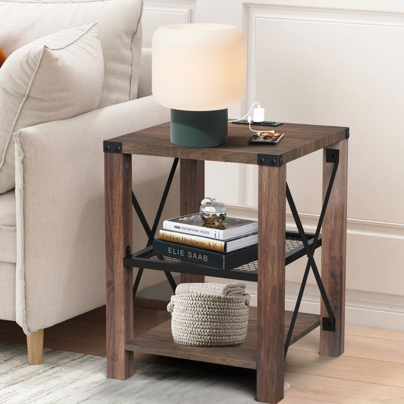 Eidelweiss Tall End Table Nightstand with 2 USB Ports, 2 Power Outlets, and 2 Storage Shelves, Dark Walnut