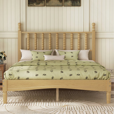 Lit plateforme très grand en bois avec tête de lit en forme de gourde, style rétro avec support à lattes, naturel