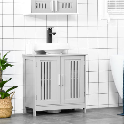 Under Sink Cabinet Gray Bathroom Design, 2 Doors With Adjustable Shelves, Space Saving & Strong Modern Cupboard Unit Concept, Shelf, Build
