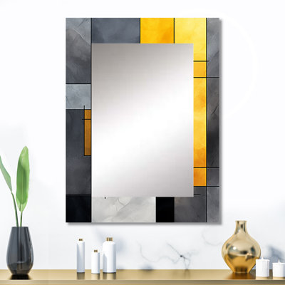 Yellow And Grey Geometric Fusion 3 - Large Wall Mirror On Metal