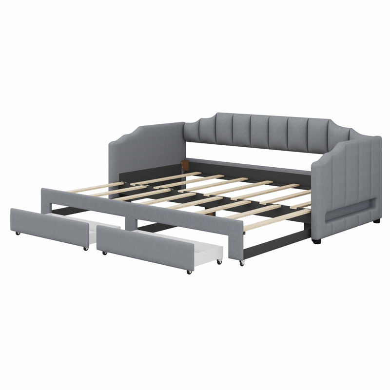 Structure de lit de jour moderne extensible rembourrée avec éclairage à DEL et tiroirs de rangement, Gris