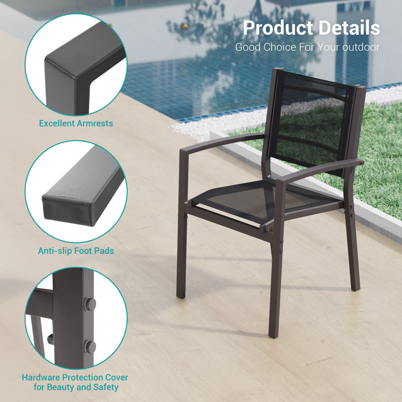 Chaise de patio d'extérieur empilable en métal 4 pièces, Noir, noir, noir, noir