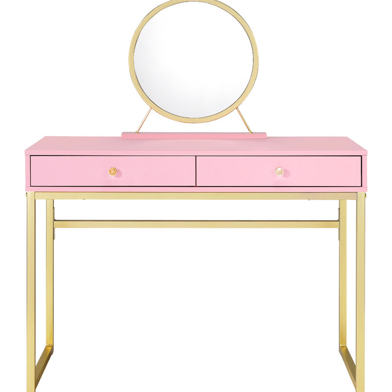 Bureau de meuble-lavabo avec 2 tiroirs, palette de couleurs rose et or, miroir amovible, plateau à bijoux pour tiroir Essentials en or, avec plateau de miroir, structure en métal durable