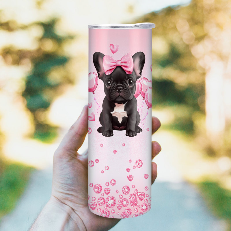 20 oz Gobelet français à double paroi isolé sous vide en acier inoxydable avec couvercle et paille, bouledogue français rose