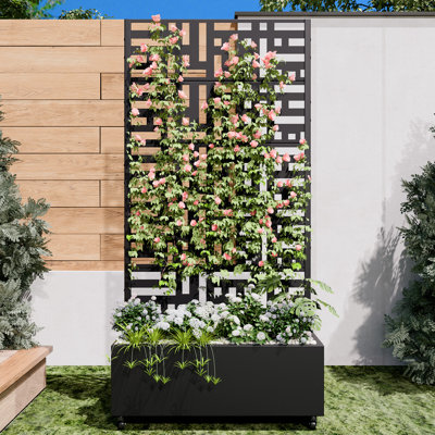 6 ft. H Galvanized Steel Outdoor Privacy Screen with Planter Box, Freestanding Trellis with Lockable Wheels