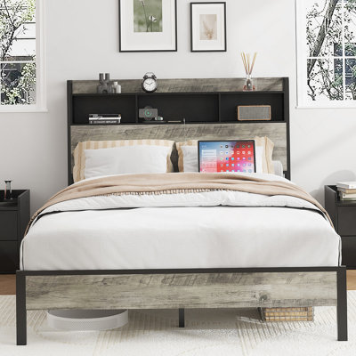 Full size bed frame, wooden platform bed frame, with storage and 2 USBs, no noise, no need for box springs, easy to assemble tools, large storage space under the bed, Antique Gray