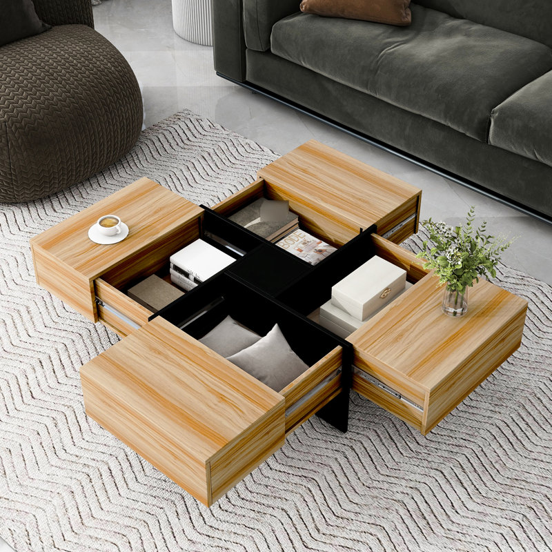Table carrée carrée avec rangement caché et plateau coulissant extensible, panneau de particules brun central, Brun