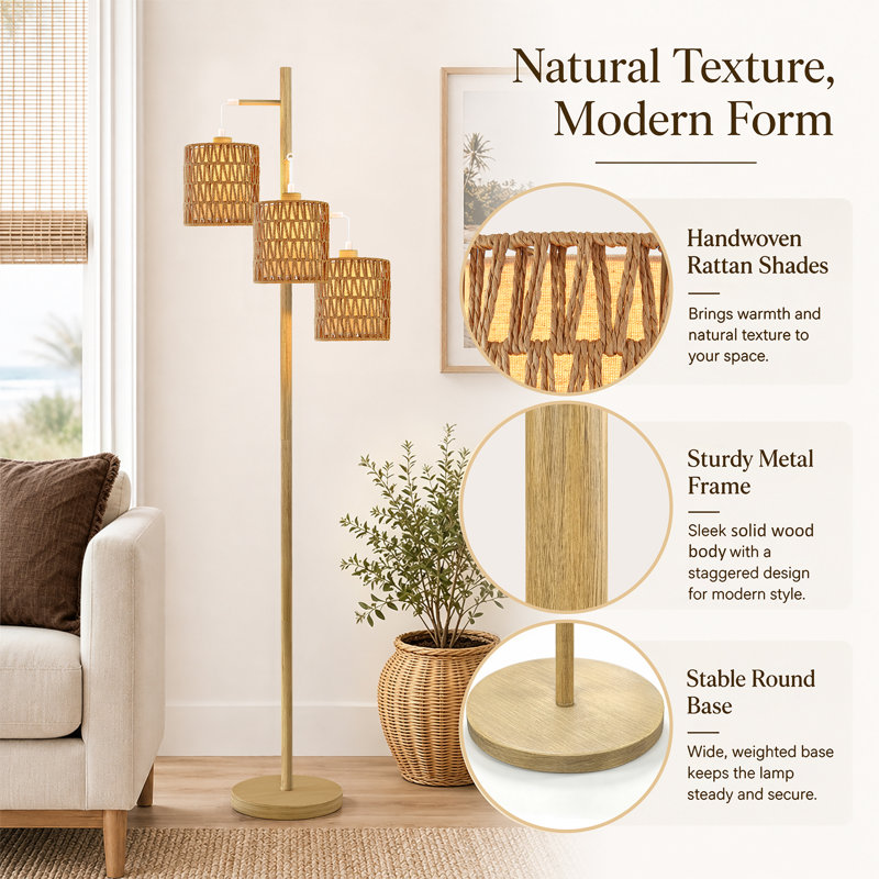 Coleford 65" H 3-Light Tree Floor Lamp with Woven Rattan Shades, Rattan, Natural Wood