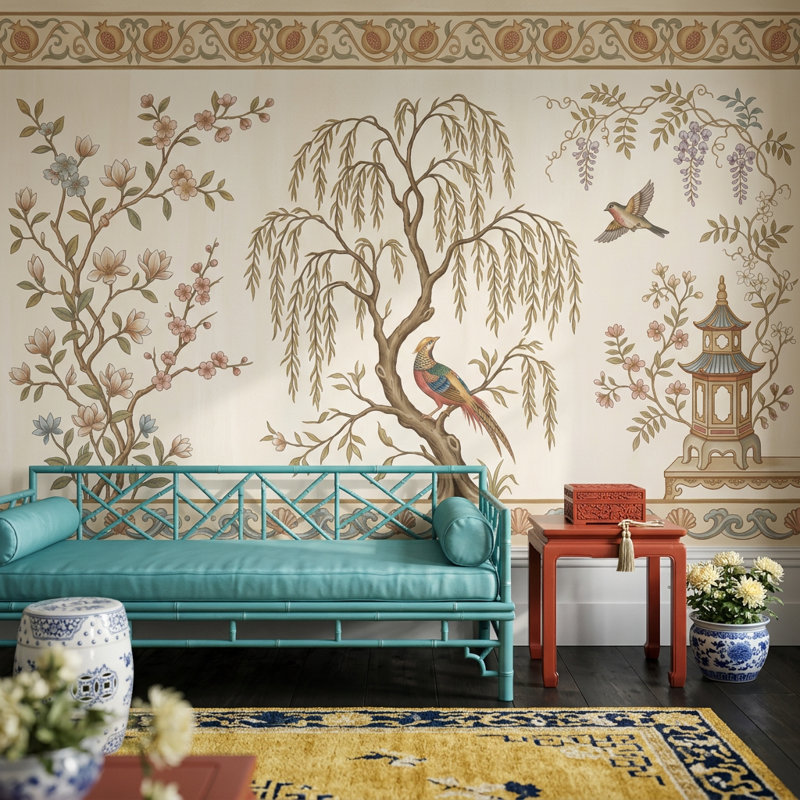 Papier peint vert discret Sage Chinoiserie, Non tissé, 160 po x 108 po