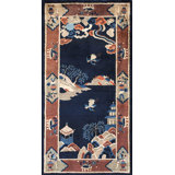 Small Antique Scenic Chinese Crane Design Blue Peking Scatter Rug