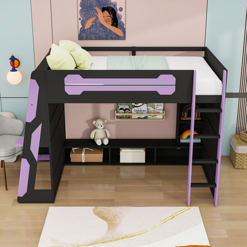 Lit mezzanine double en bois avec bande lumineuse, bureau intégré et tablettes, Black/Purple