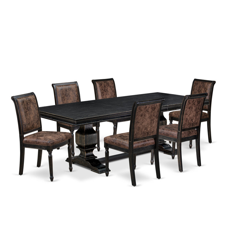 L'ensemble de table de cuisine 7 pièces se compose d'une table de salle à manger et de 6 chaises de salle à manger en cuir de polyuréthane brun avec dossier haut - fini noir sablé