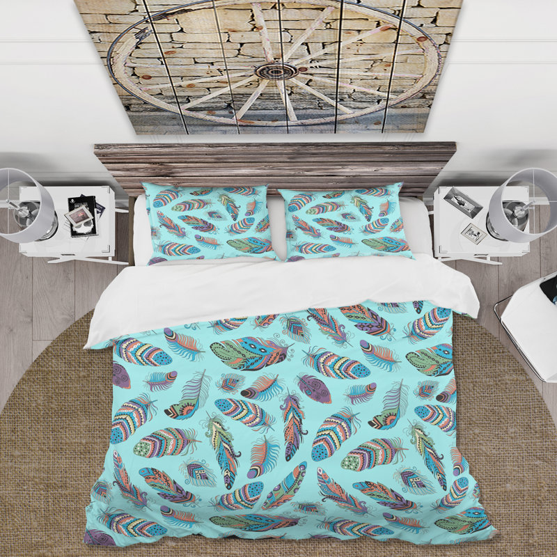 Ensemble de housse de couette bohémien Blue Hippie Boho Feathers - Microfibre polyester, Vert
