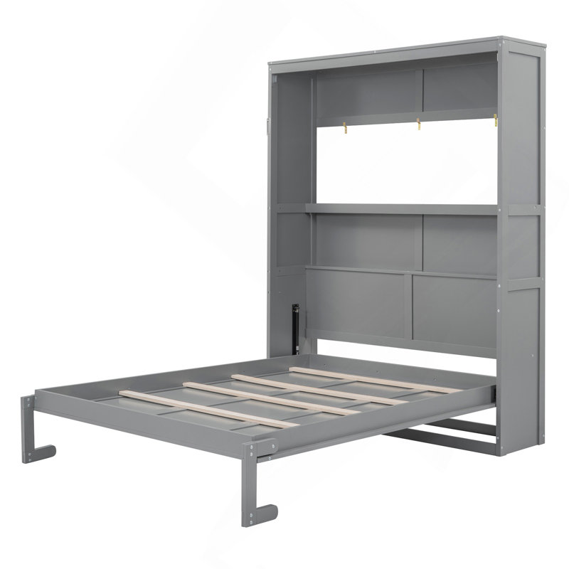 Grand lit escamotable mural avec tablettes, Gris