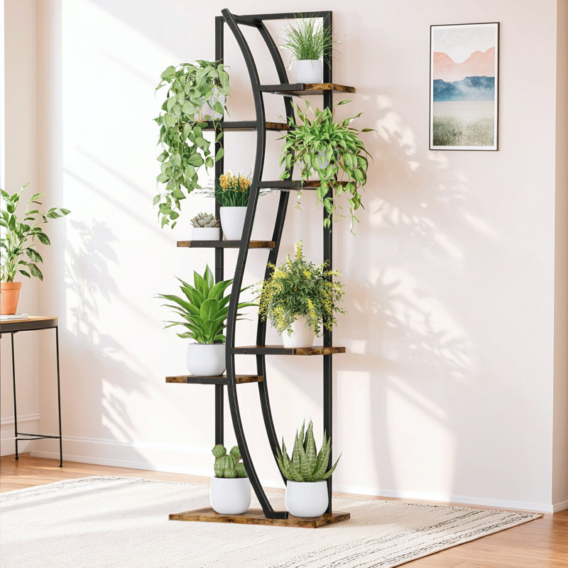Support pour plante d'intérieur 62 po avec lumière de croissance, 7 niveaux, ensemble de 2 tablettes en forme de S - Support à plante élégant pour la maison et le bureau